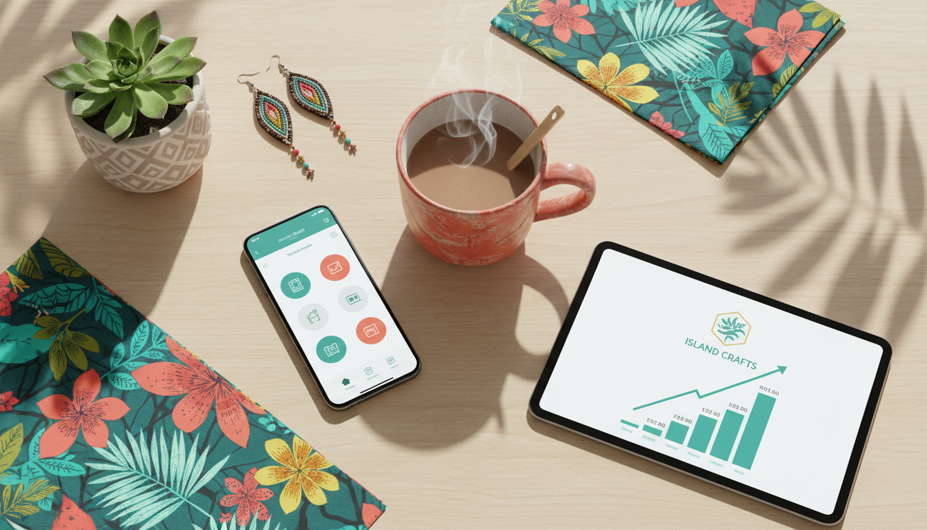 A Caribbean workspace with smartphone, fabrics, and cocoa tea