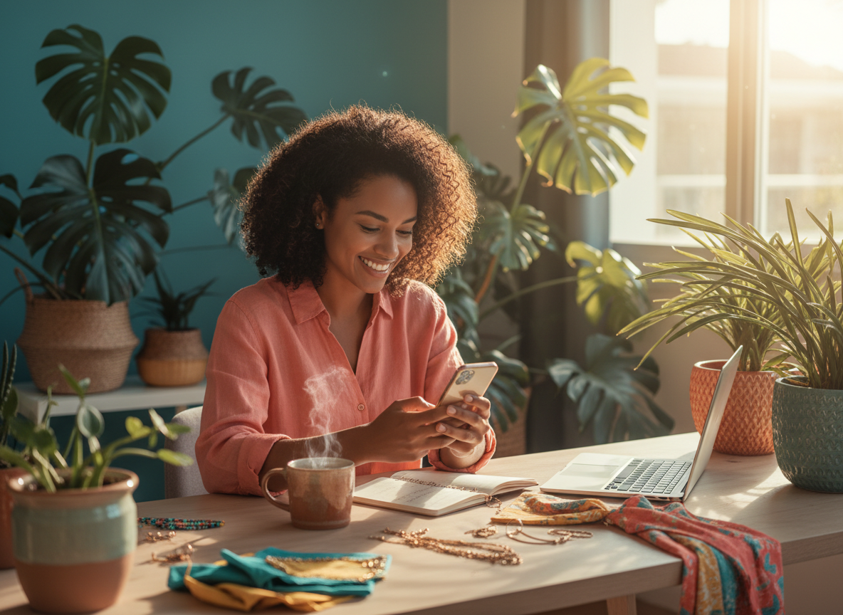 Caribbean boutique owner managing her business with Boutiiq on her phone