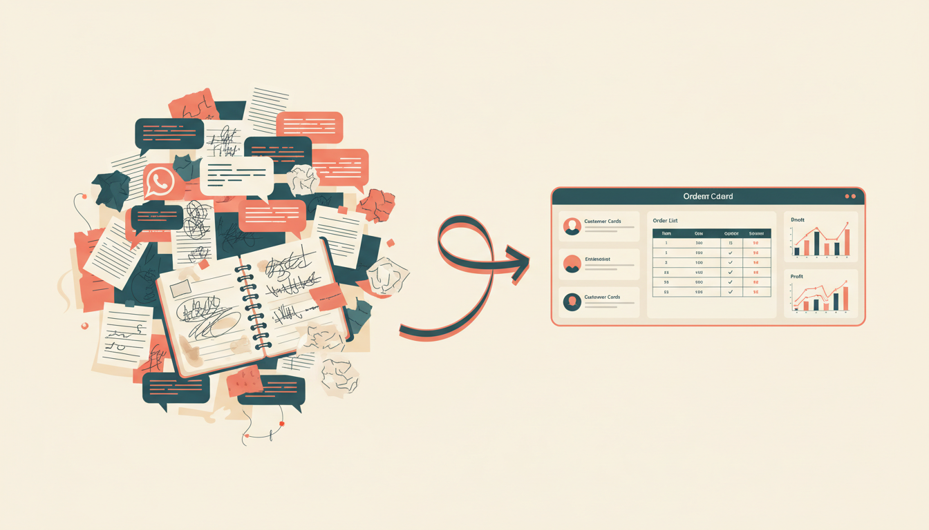 Transformation from messy WhatsApp chats and notebooks to organized Boutiiq dashboard