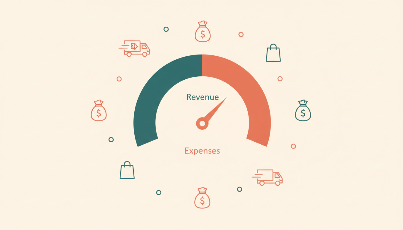Boutiiq profit dashboard showing revenue vs expenses gauge